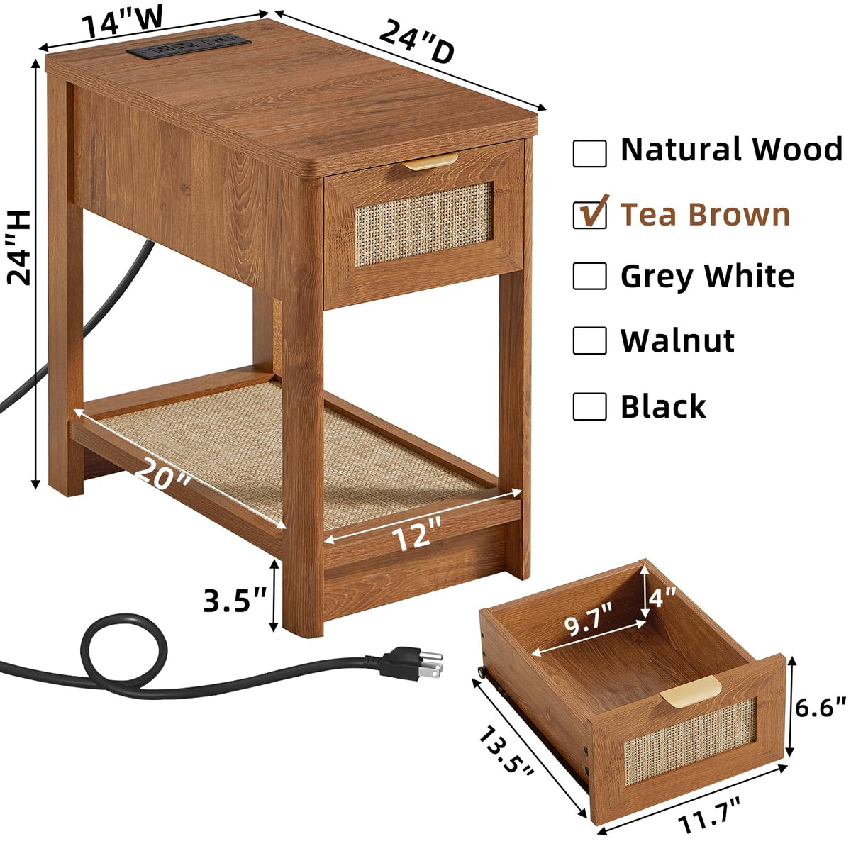 Lerliuo 24 x 14'' Narrow Night Stand Set 2 with Charger USB Ports