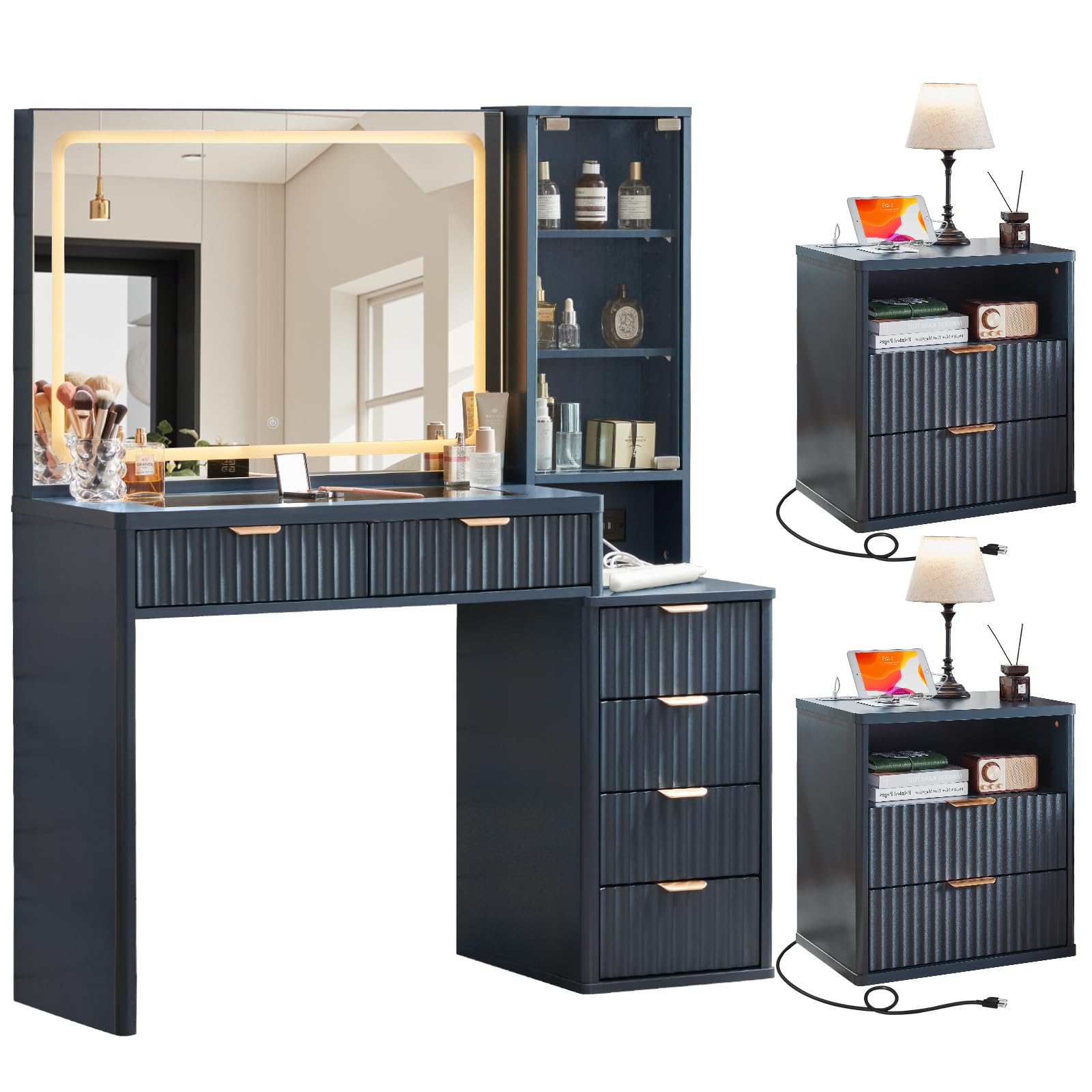 LEYAOYAO Vanity Mirror with Lights and Night Stand Sets, 43.5" Fluted Makeup Vanity with 6 Drawers and Power Outlet, 3 Drawers 23" End Side Table, Natural Wood Makeup Table Bedroom Furniture Set of 2