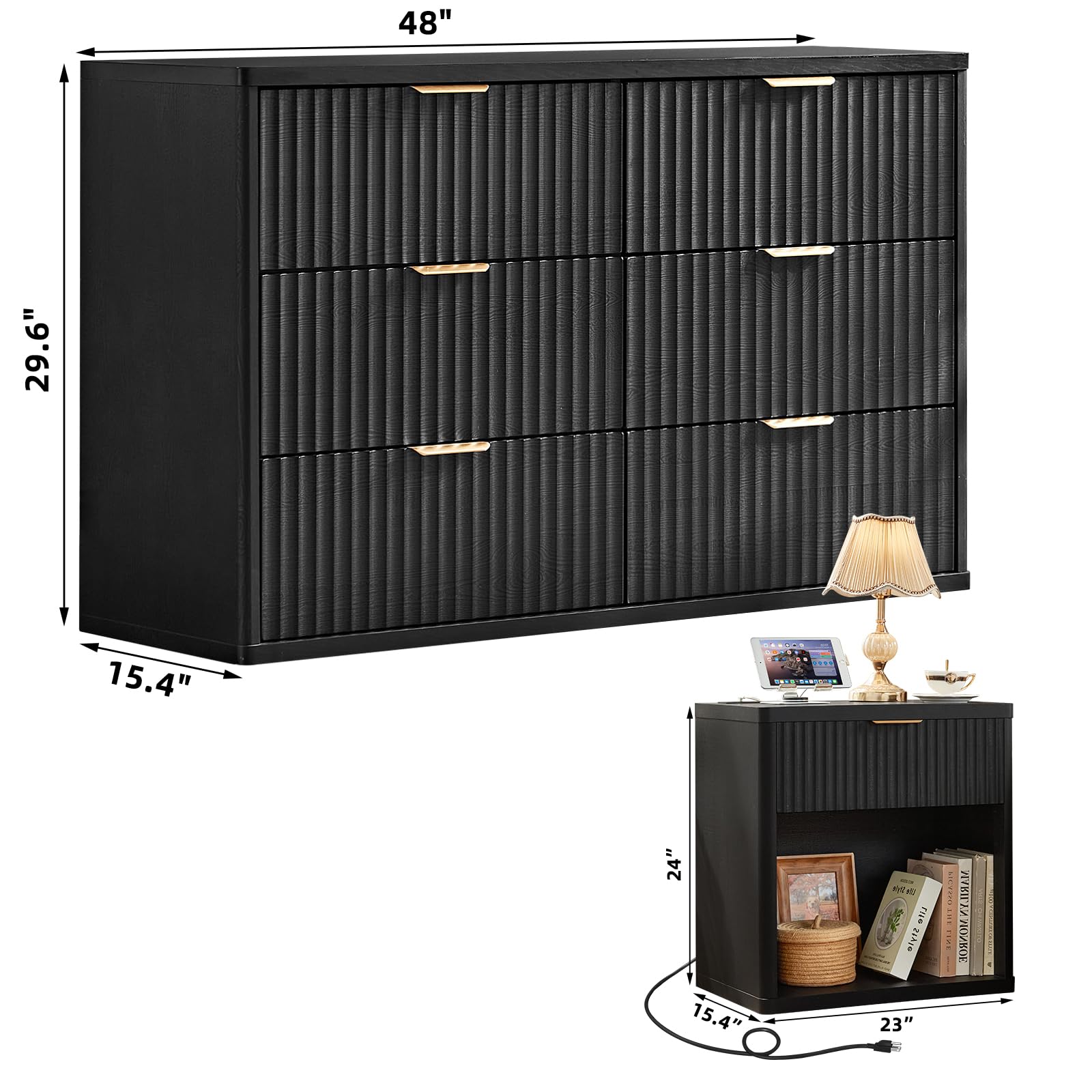 LEYAOYAO 48" Wide Fluted Dresser and 1 Drawers 23" Nightstand Set of 2, Wooden Dresser & Night Stand with Charging Station, 3 Piece Bedroom Furniture Set, Chest of Drawer for Living Room,Antique White