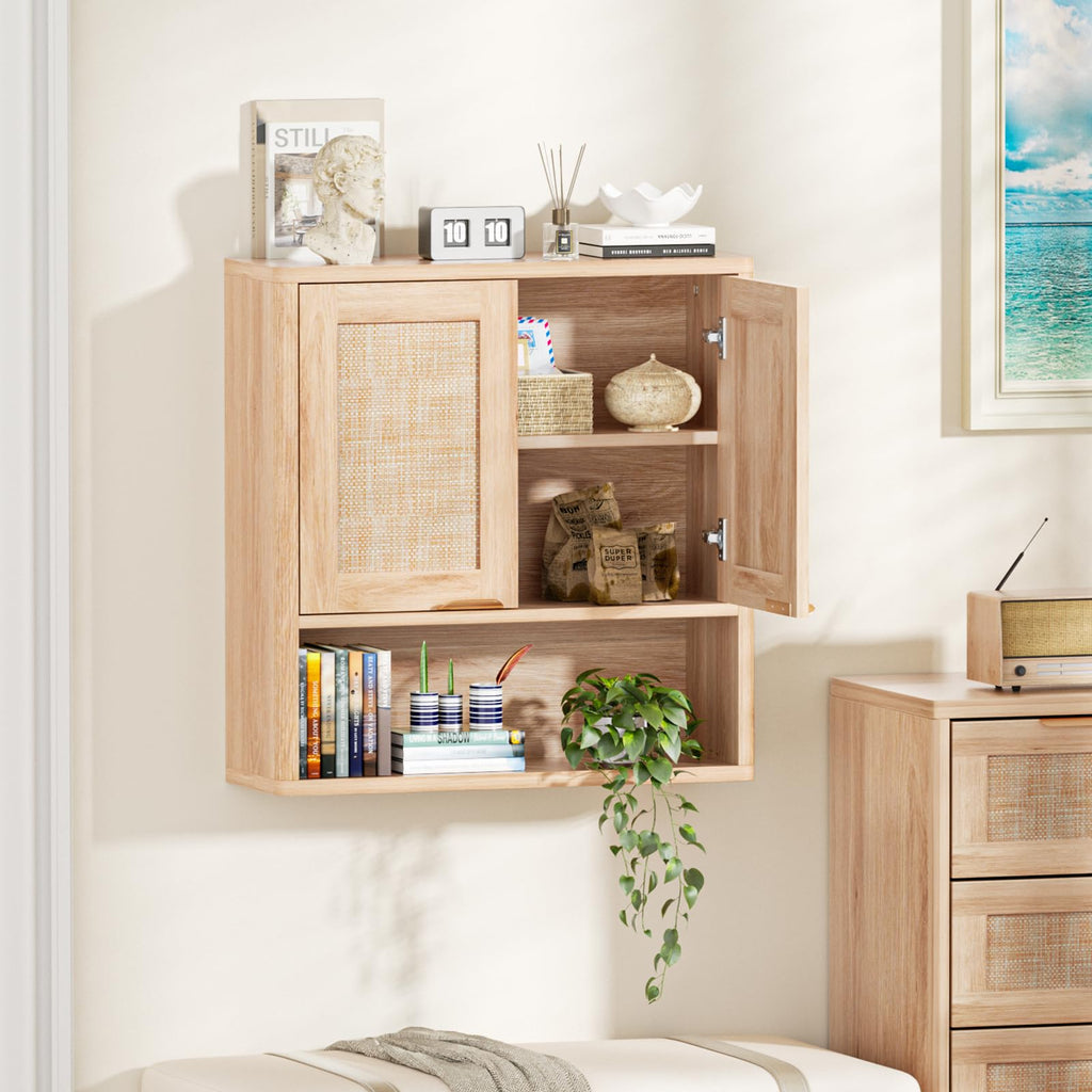LEYAOYAO 68" Boho Over the Toilet Storage Cabinet with Rattan Sliding Door