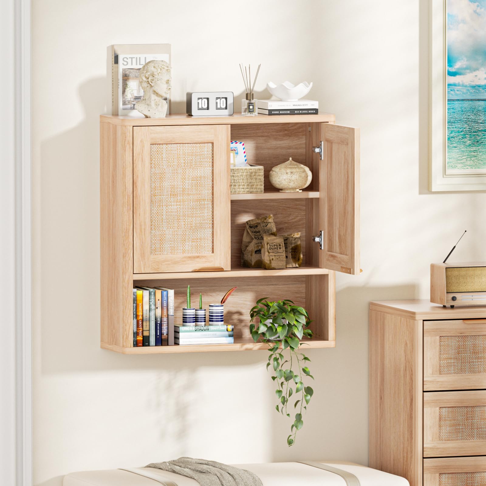 LEYAOYAO 68" Boho Over the Toilet Storage Cabinet with Rattan Sliding Door