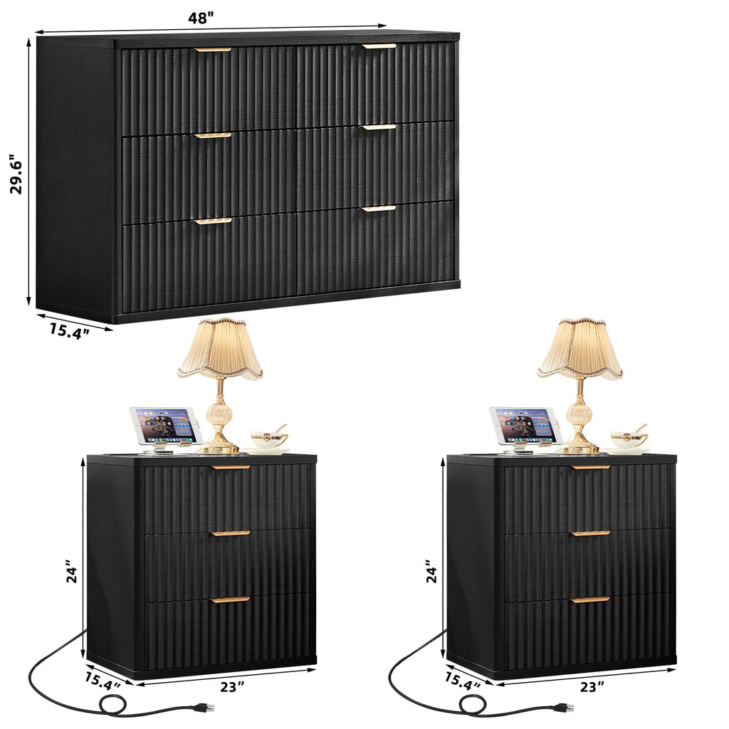 LEYAOYAO Fluted Dressers & Nightstand Set of 4, Wood 48" Wide Dresser & 42" Tall Chest of Drawers,Modern Bedroom Furniture Sets, Natural Wooden Nightstand Set of 2 with 3 Drawers & Charging Station