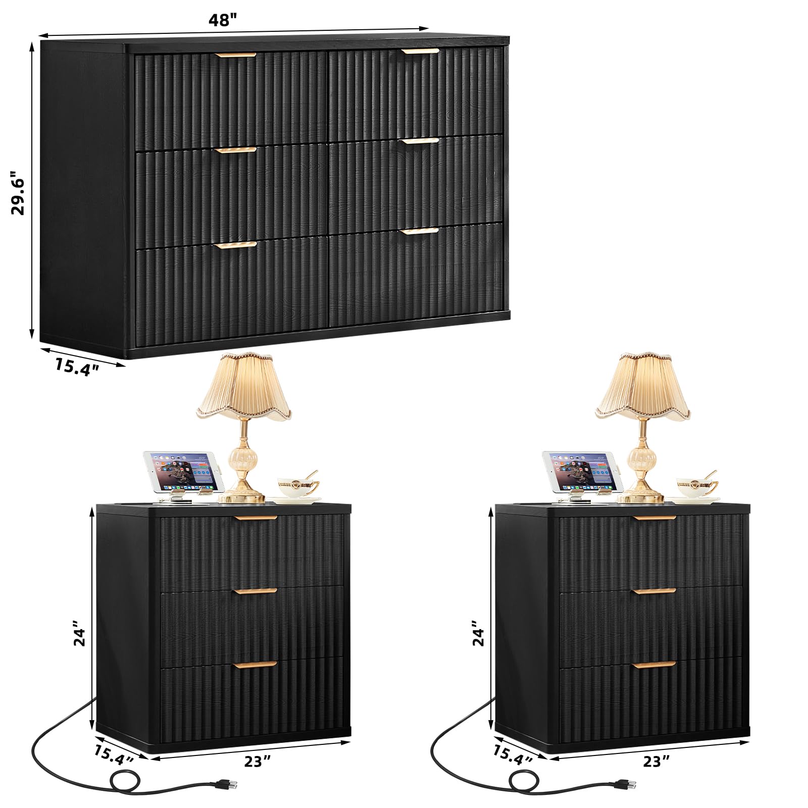 LEYAOYAO Fluted Dressers & Nightstand Set of 4, Wood 48" Wide Dresser & 42" Tall Chest of Drawers,Modern Bedroom Furniture Sets, Natural Wooden Nightstand Set of 2 with 3 Drawers & Charging Station