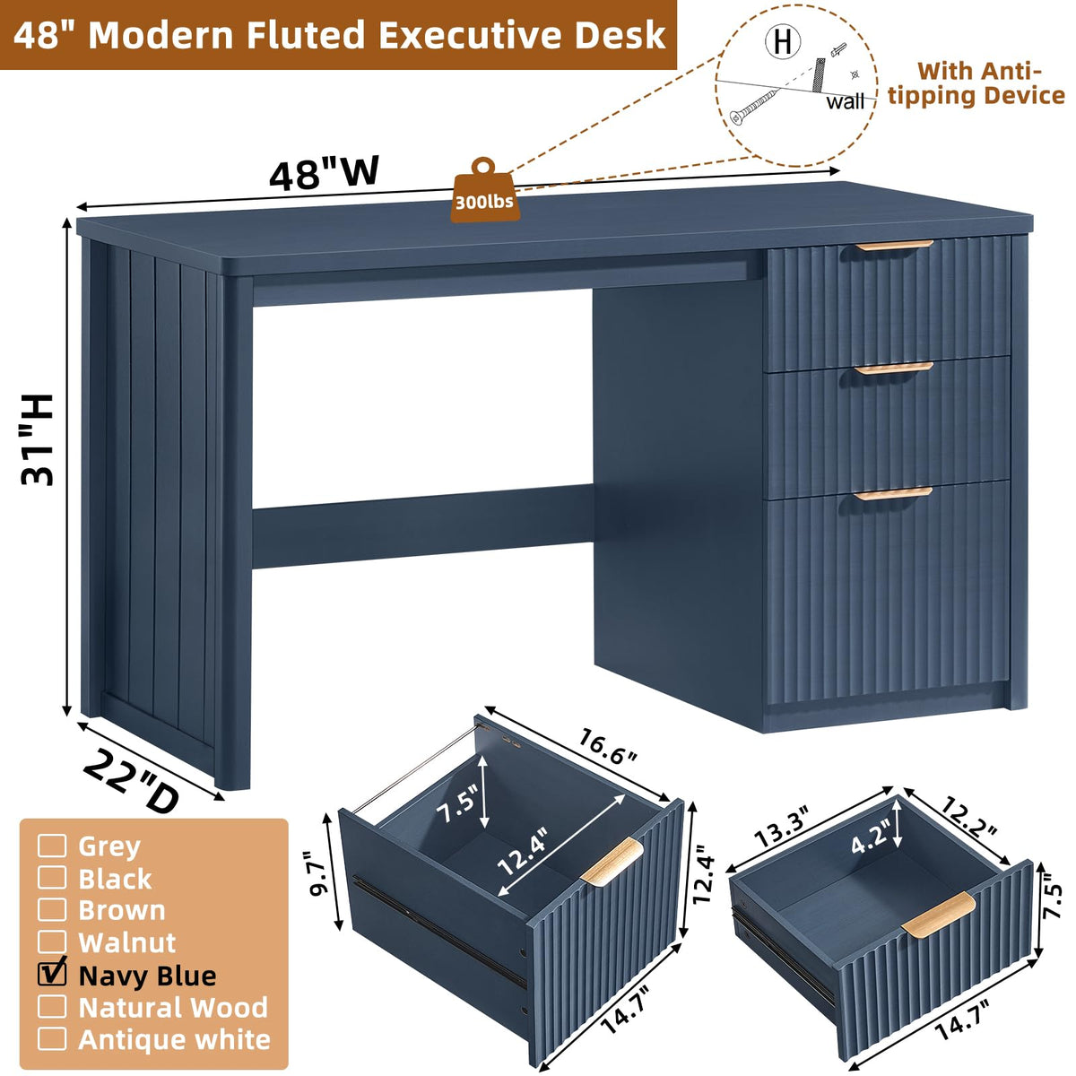 LEYAOYAO Office Desk 48" with 3 Drawers Storage File Cabinet