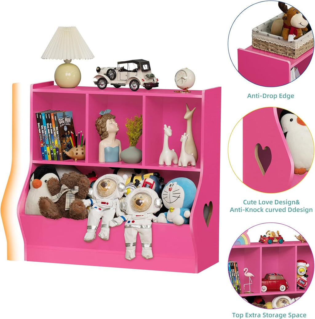 Lerliuo Kids Toy Storage Organizer, Children Small Bookcase and Bookshelf, Toddler 4 Cubby Toy Storage Cabinet, Toy Shelf for Playroom, Bedroom, Living Room, Nursery, School 29.53'' H (Pink)