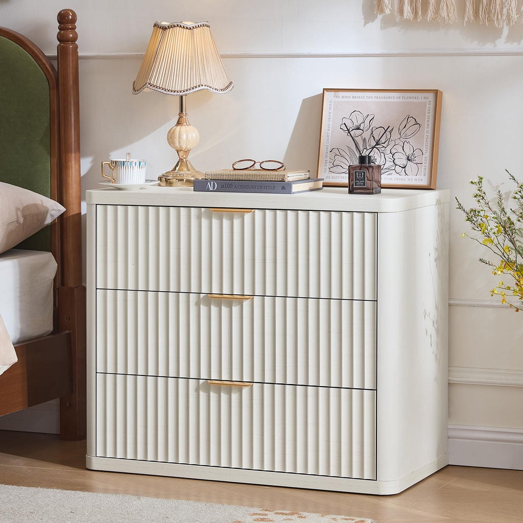 LEYAOYAO 31.5" Wide Fluted Nightstand, Oversized Night Stand, Antique White
