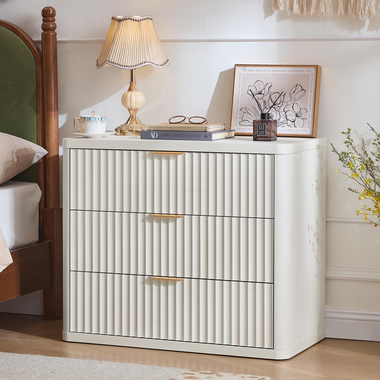 LEYAOYAO 31.5" Wide Fluted Nightstand, Oversized Night Stand, Antique White