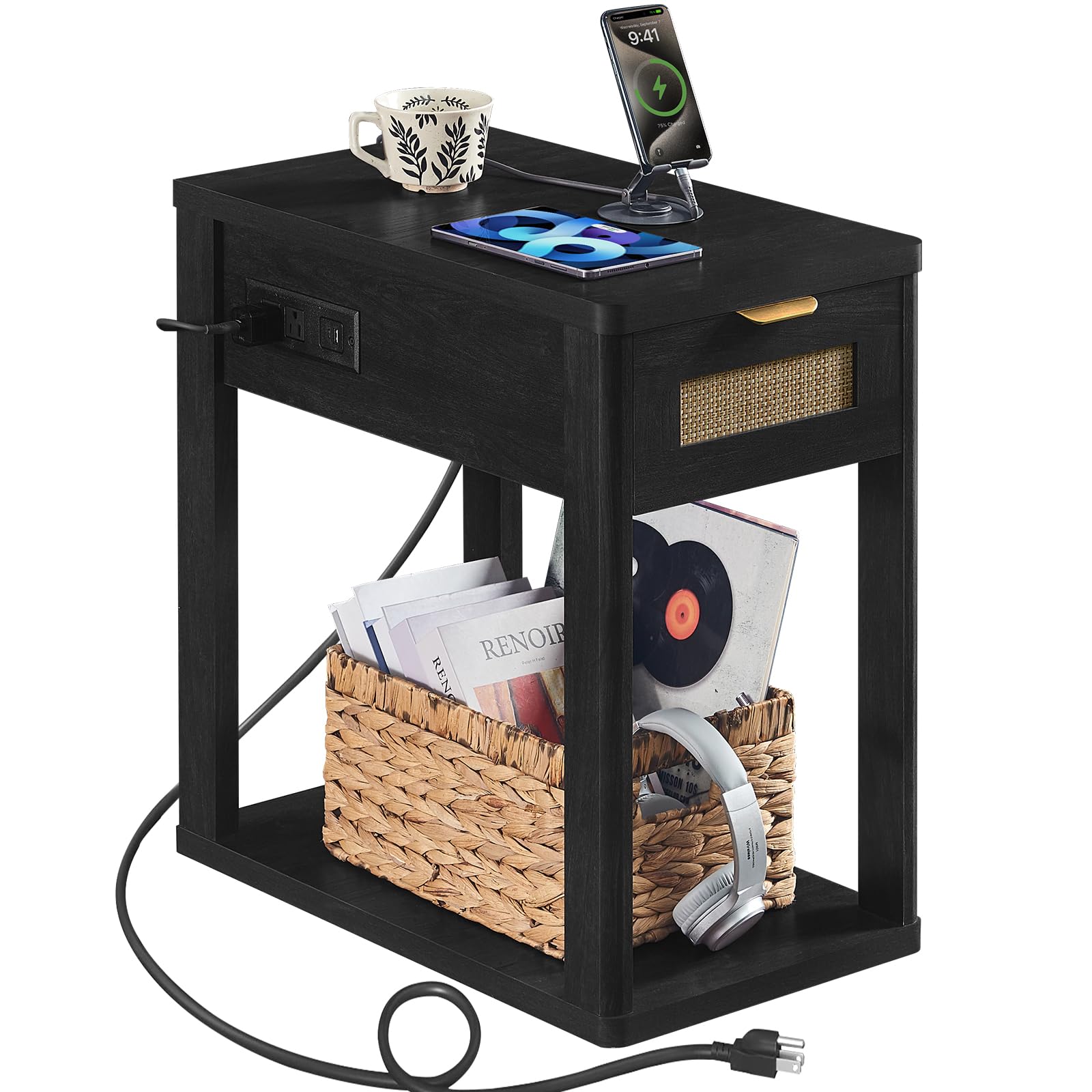 LEYAOYAO Narrow Side Table with Charging Station, Rattan 24 x 14''