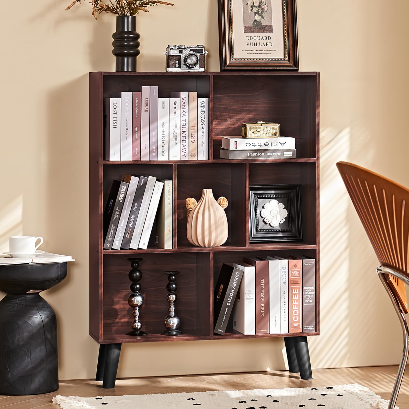 LEYAOYAO Cube Bookshelf, Mid-Century Modern Book Shelf with Legs, Brown
