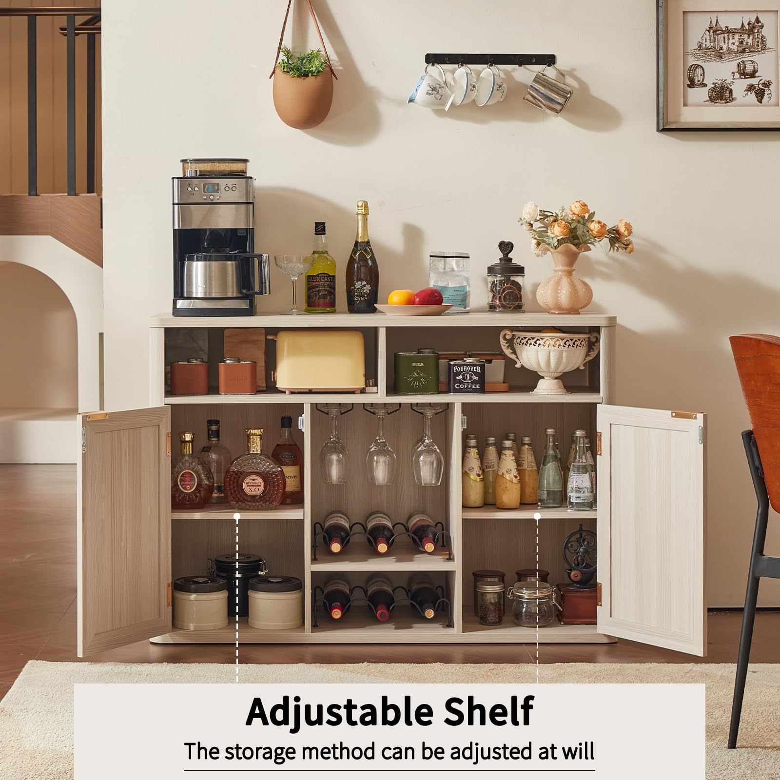 Lerliuo Rattan Wine Bar Cabinet with 2 Doors, Walnut