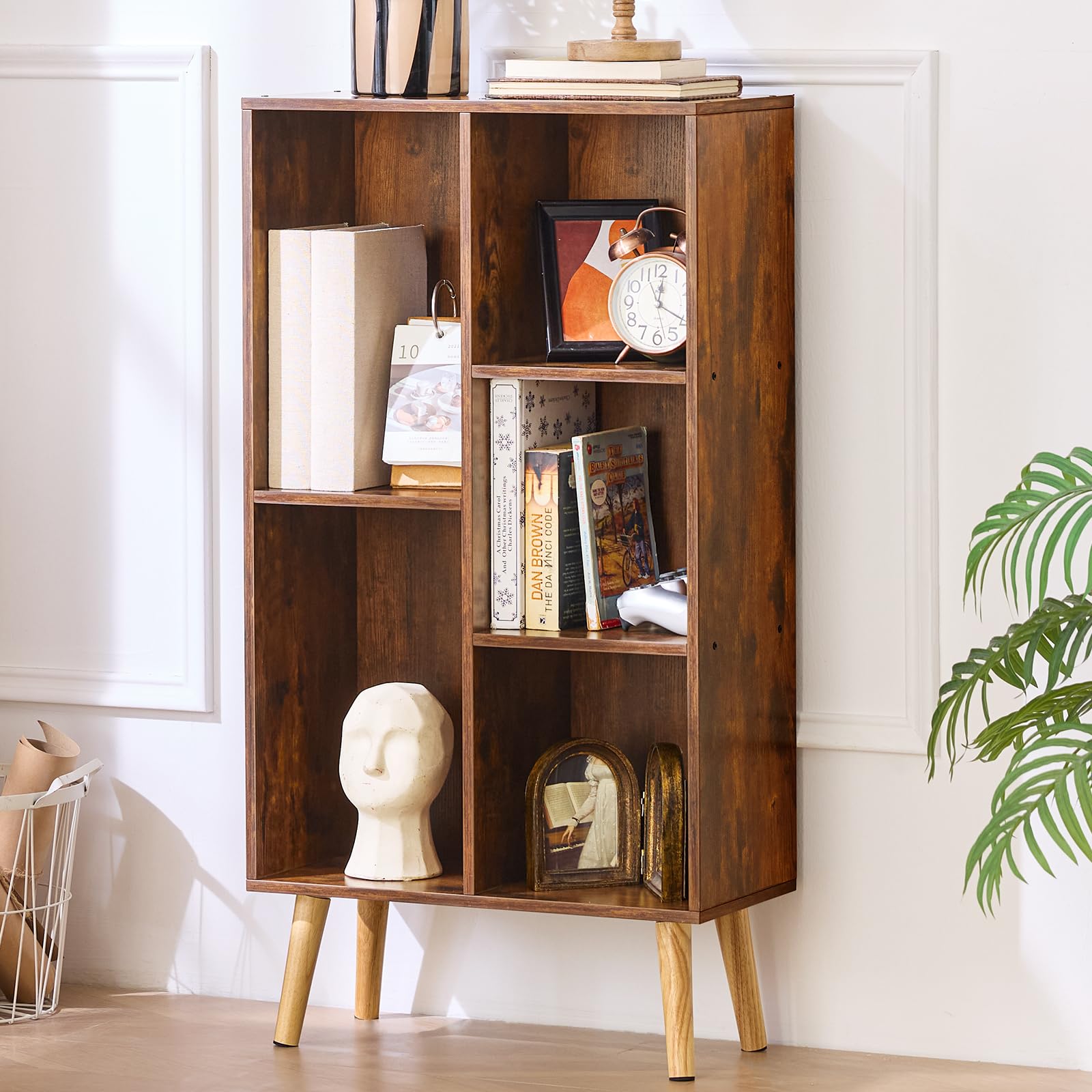 LEYAOYAO Cube Bookshelf, Mid-Century Modern Book Shelf with Legs, Brown