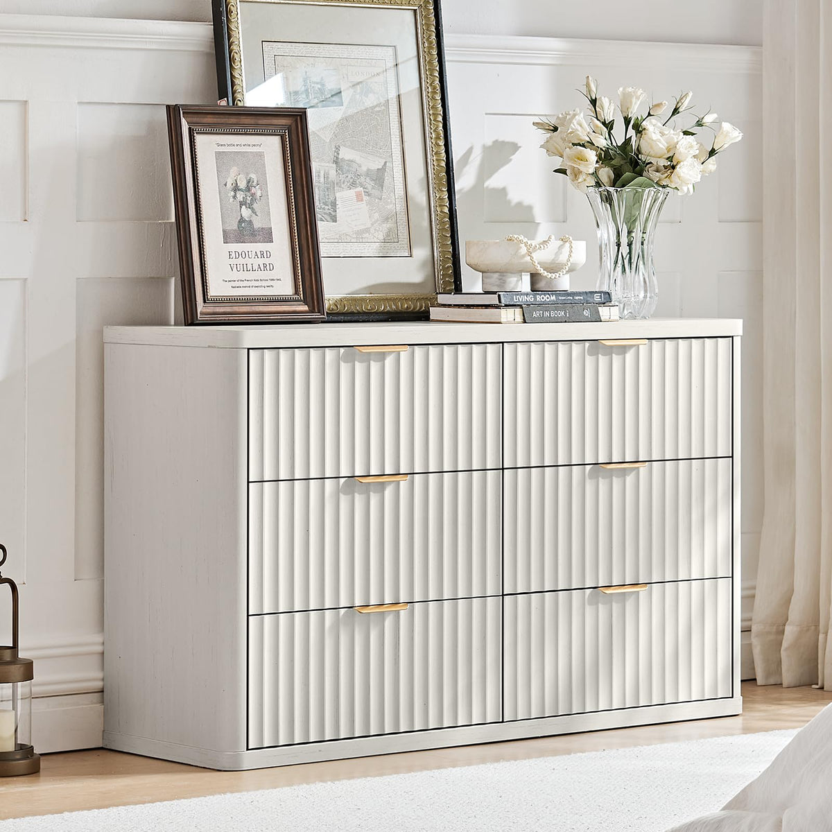 LEYAOYAO 48" Wide Fluted Dresser and 1 Drawers 23" Nightstand Set of 2, Wooden Dresser & Night Stand with Charging Station, 3 Piece Bedroom Furniture Set, Chest of Drawer for Living Room,Antique White