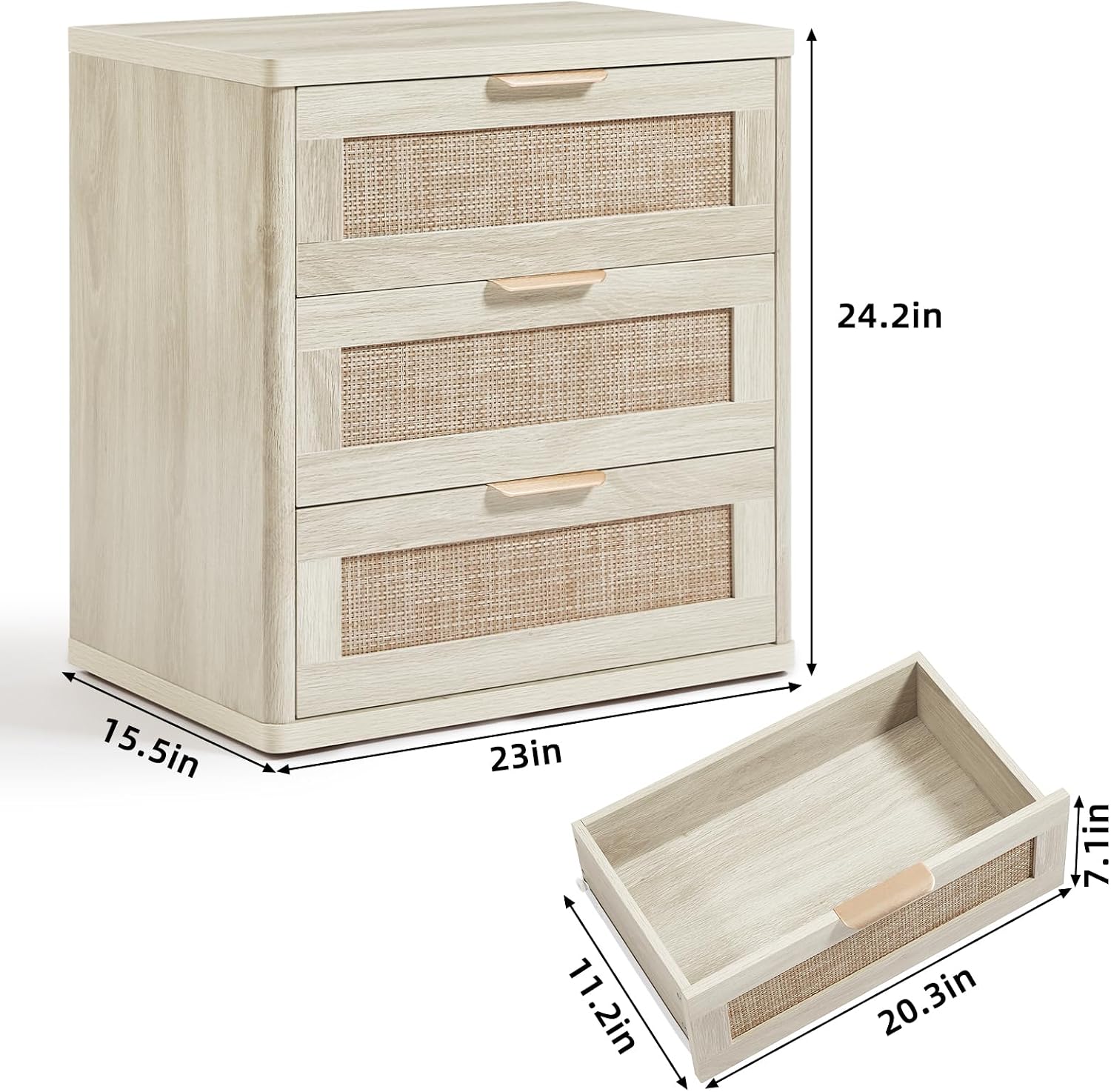 LEYAOYAO Rattan Night Stand Set 2 with Drawers, 23" Large Boho Nightstand, 3 Drawer Grey White Bedside Table Storage Cabinet, Bed Side End Tables Chest of Drawers, Living Room, Hallway, Closet