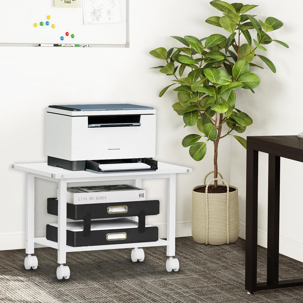 Lerliuo 3-Tier Printer Stand, Industrial Mobile Printer Table with Storage Shelf and Steel Frame, Rolling Printer Cart Holder with Lockable Wheels for Home, Office (White)