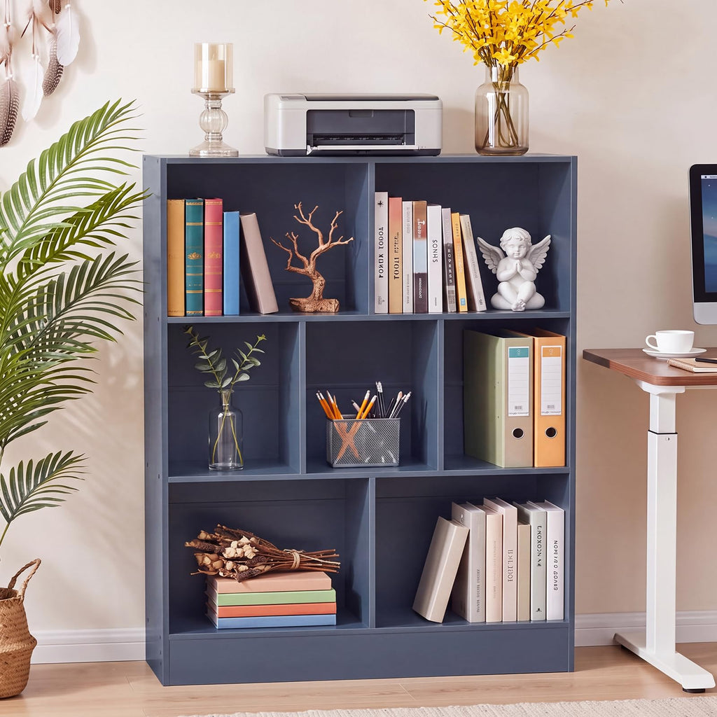 LEYAOYAO 7 Cube Bookshelf with Base,3 Tier Mid-Century Modern Blue Bookcase,Standing Wide Bookshelves Storage Organizer Shelf,Rustic Wood Display Cabinet Book Shelves for Bedroom,Living Room,Office