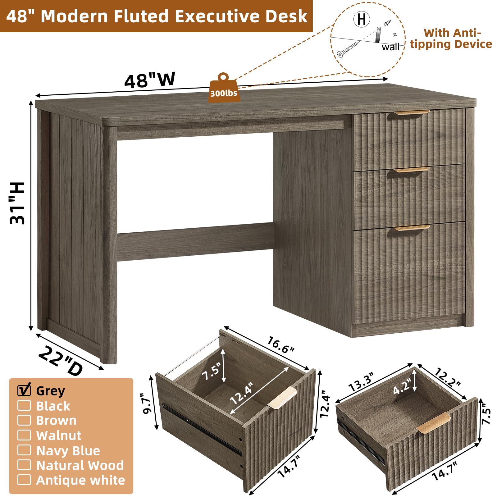 LEYAOYAO Office Desk 48" with 3 Drawers Storage File Cabinet