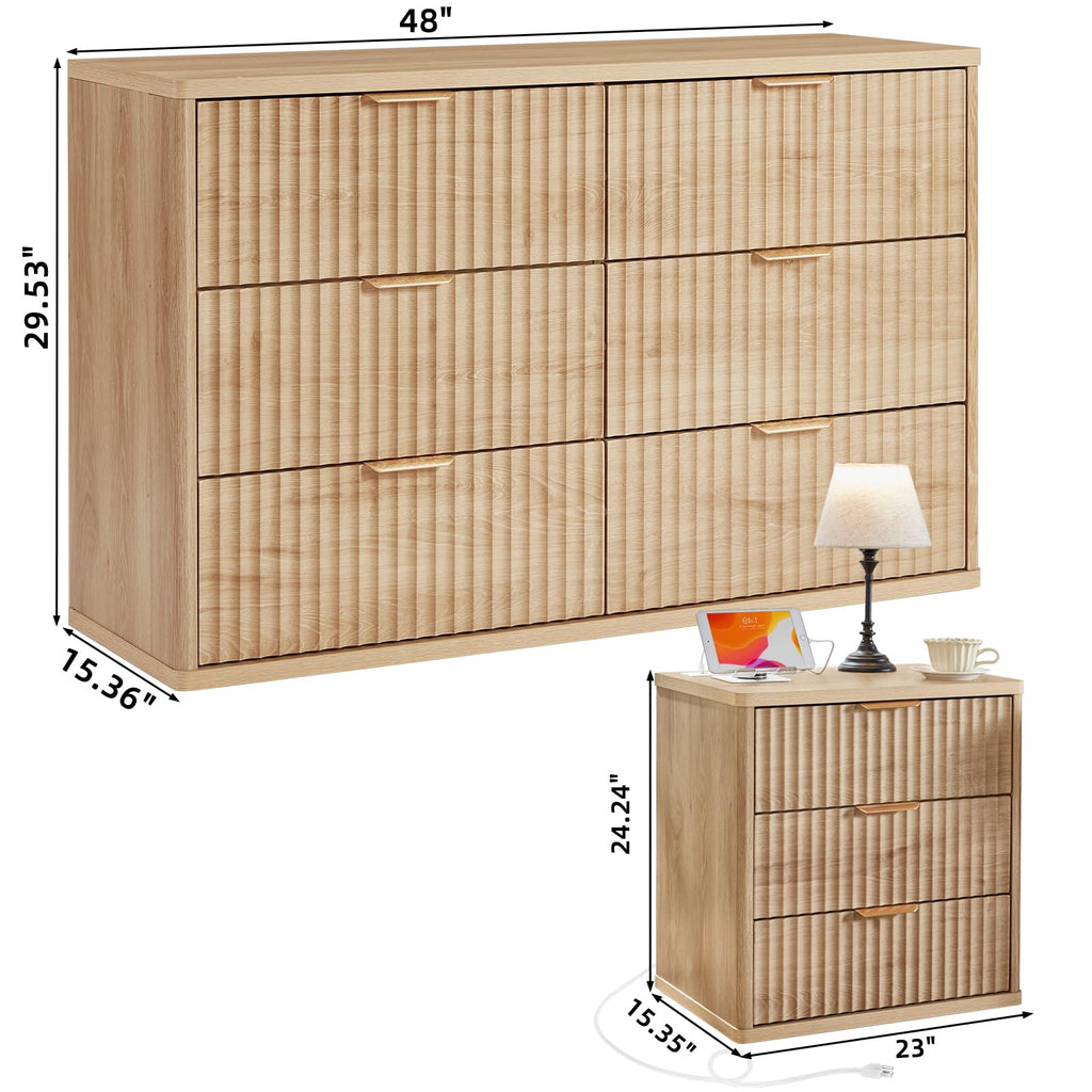 LEYAOYAO Fluted Dresser and Nightstand Sets, Wood 48" Wide Dresser & 23" Night Stand with Charging Station, 2 Piece Bedroom Furniture Set, Chest of Drawers for Bedroom,Living Room, Antique White