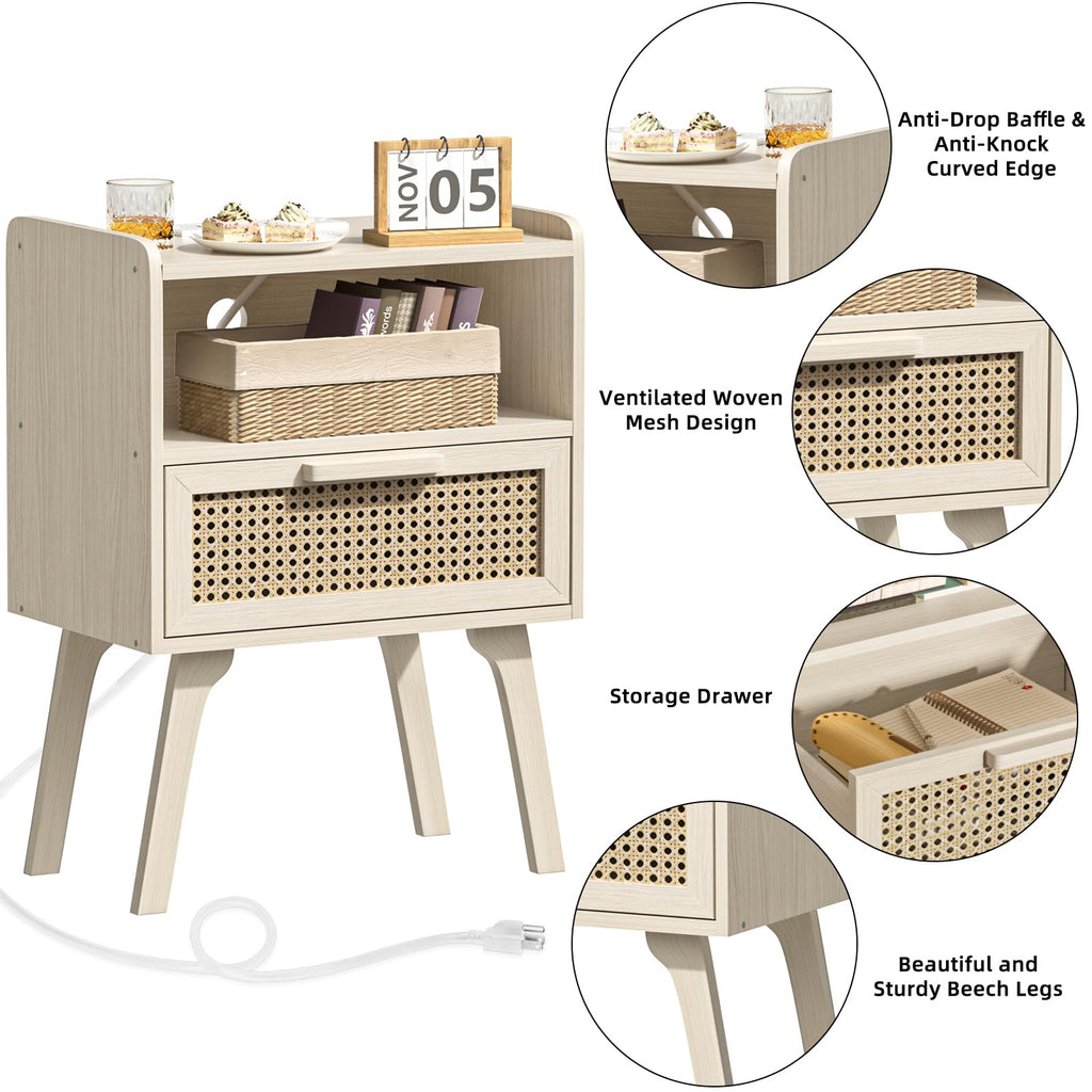 Lerliuo Rattan Nightstand with Charging Station, Boho Night Stand