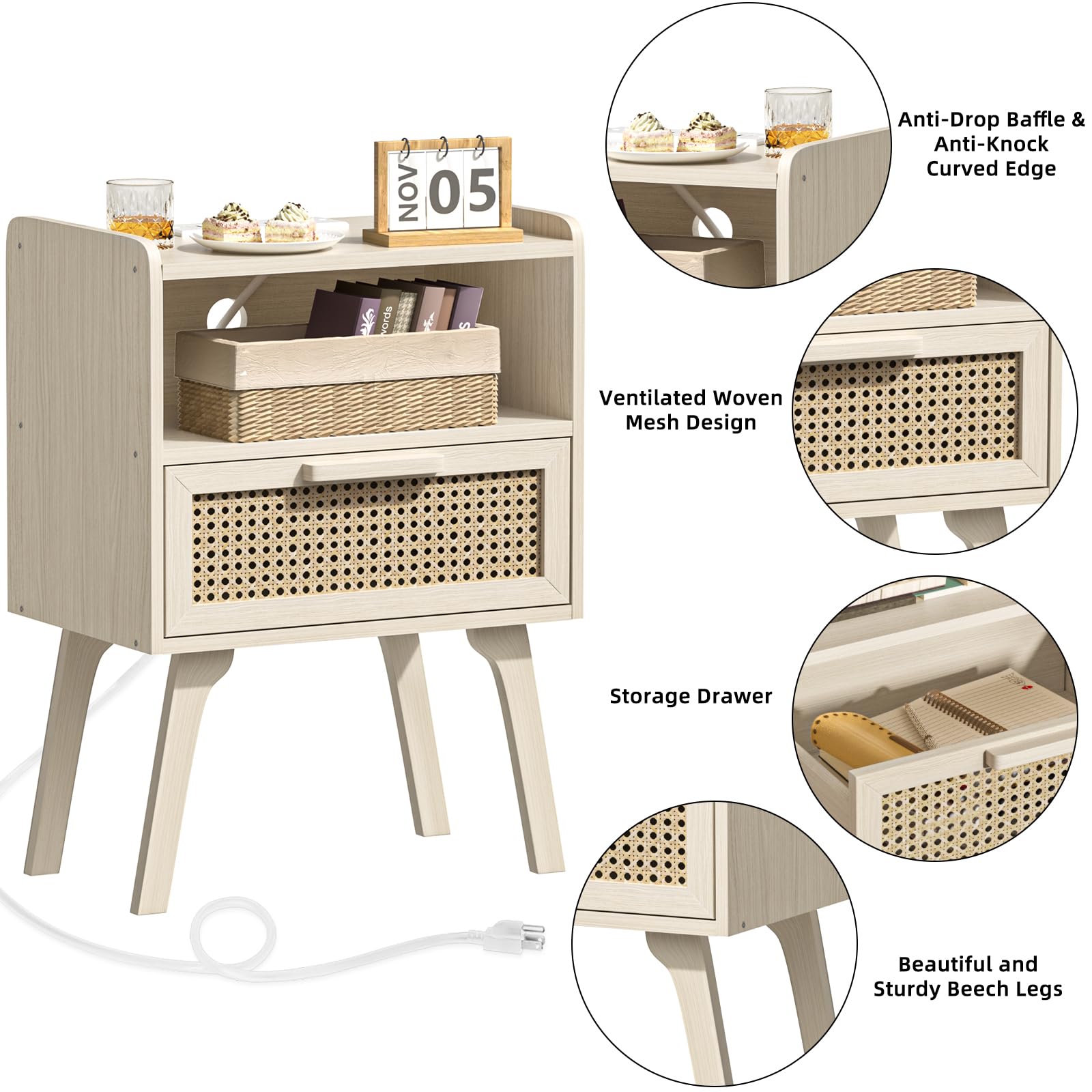 Lerliuo Rattan Nightstand with Charging Station, Boho Night Stand