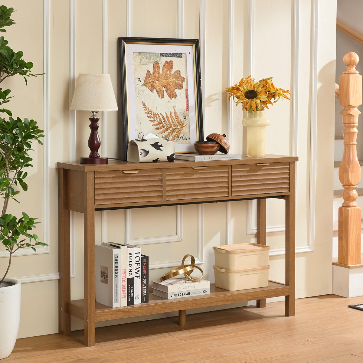 LEYAOYAO 47.2" Fluted Console Table with 3 Drawers, Blue Entryway Table