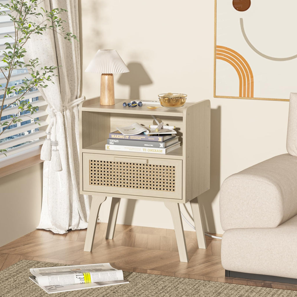Lerliuo Rattan Nightstand with Charging Station, Boho Night Stand