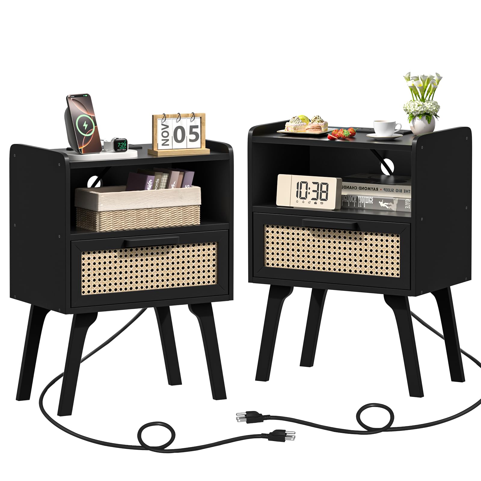 Lerliuo Rattan Nightstand with Charging Station, Boho Night Stand