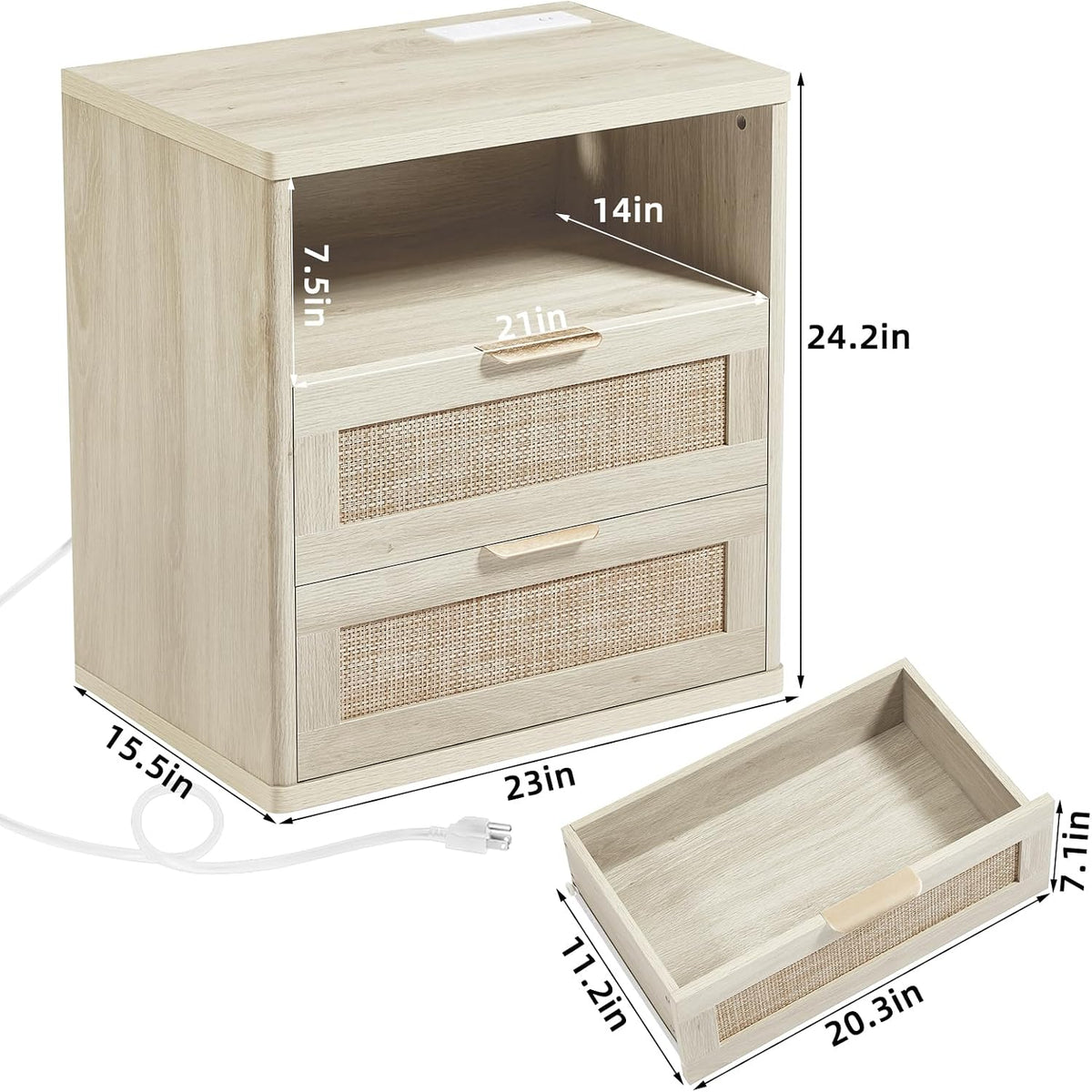 LEYAOYAO Rattan 23" Nightstands with Charger Station 2 Drawers