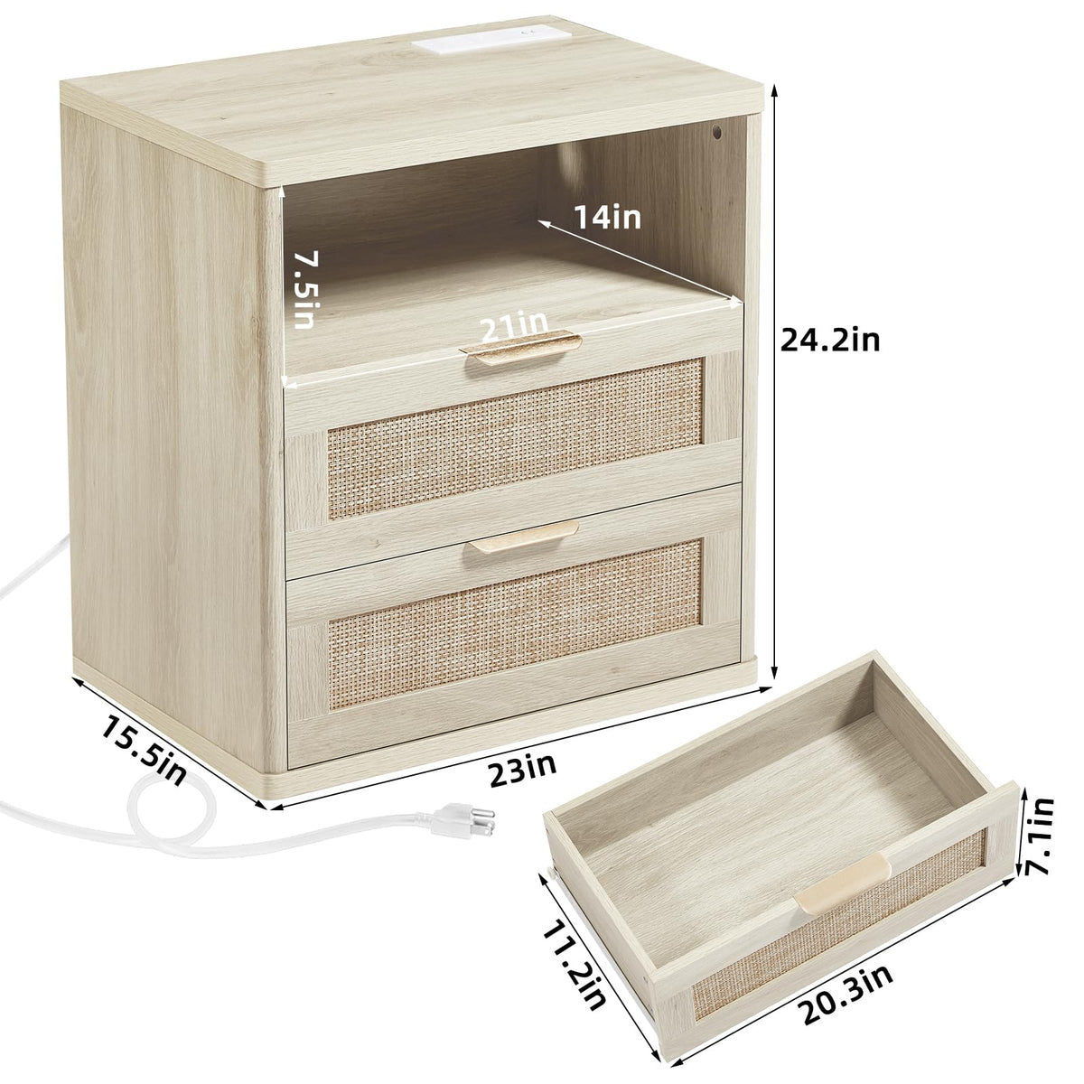 LEYAOYAO Rattan Nightstands Set of 2 with Charging Station, Boho Night Stand Dresser for Bedroom with Drawer, Grey White Bedside Table Open Storage Cabinet, Bed Side End Table, Living Room, Hallway