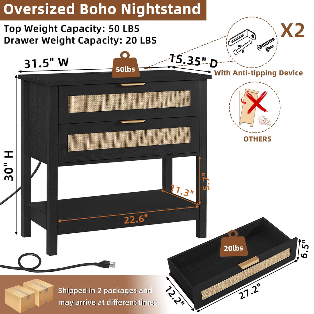 LEYAOYAO 26.8" Wide Rattan Nightstands Set of 2, Large Boho Night Stand