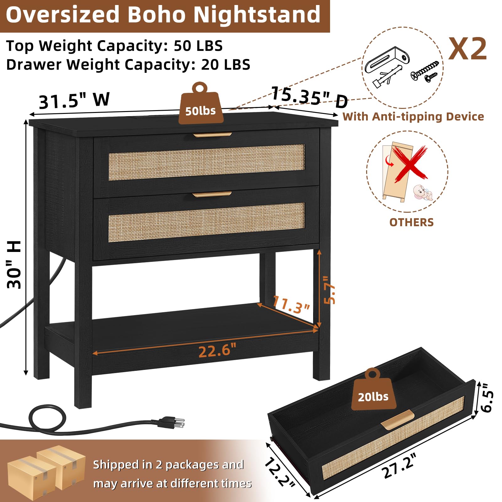 LEYAOYAO 26.8" Wide Rattan Nightstands Set of 2, Large Boho Night Stand