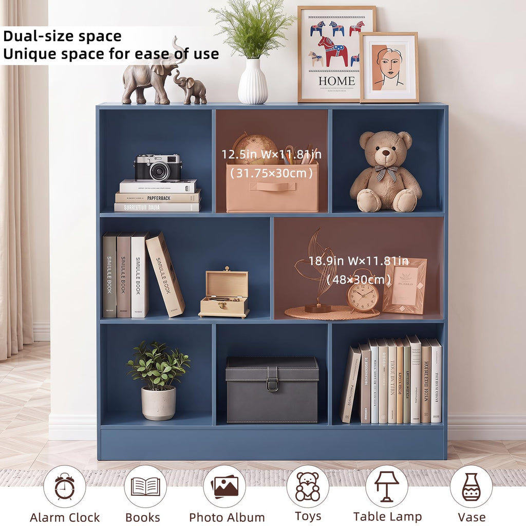 LEYAOYAO 7 Cube Bookshelf with Base,3 Tier Mid-Century Modern Blue Bookcase,Standing Wide Bookshelves Storage Organizer Shelf,Rustic Wood Display Cabinet Book Shelves for Bedroom,Living Room,Office