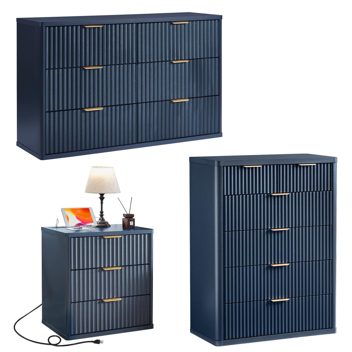 LEYAOYAO Fluted Dressers & Nightstand Set of 4, Wood 48" Wide Dresser & 42" Tall Chest of Drawers,Modern Bedroom Furniture Sets, Natural Wooden Nightstand Set of 2 with 3 Drawers & Charging Station