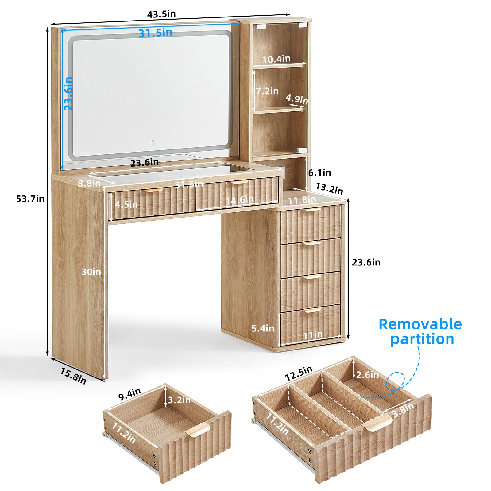 LEYAOYAO Vanity Mirror with Lights and Night Stand Sets, 43.5" Fluted Makeup Vanity with 6 Drawers and Power Outlet, 3 Drawers 23" End Side Table, Natural Wood Makeup Table Bedroom Furniture Set of 2