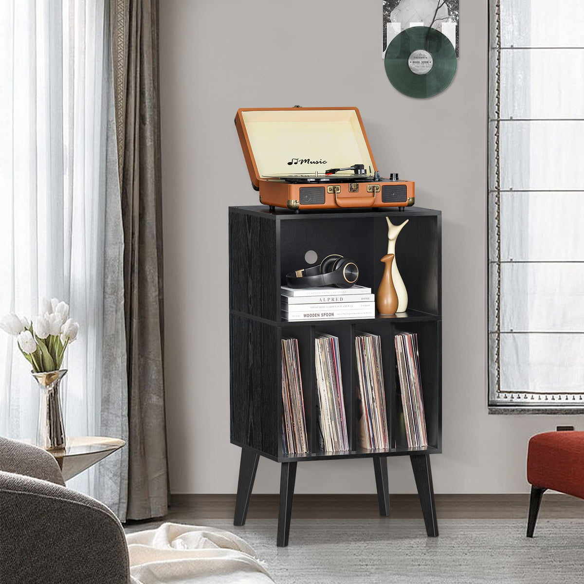 Lerliuo Record Player Stand, Walnut Turntable Stand Holds up to 160 Albums