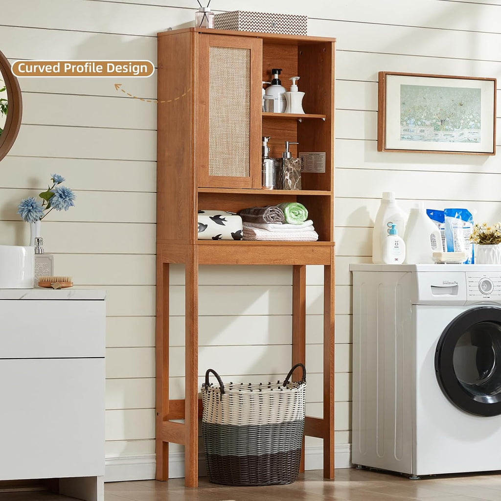 LEYAOYAO 68" Boho Over the Toilet Storage Cabinet with Rattan Sliding Door