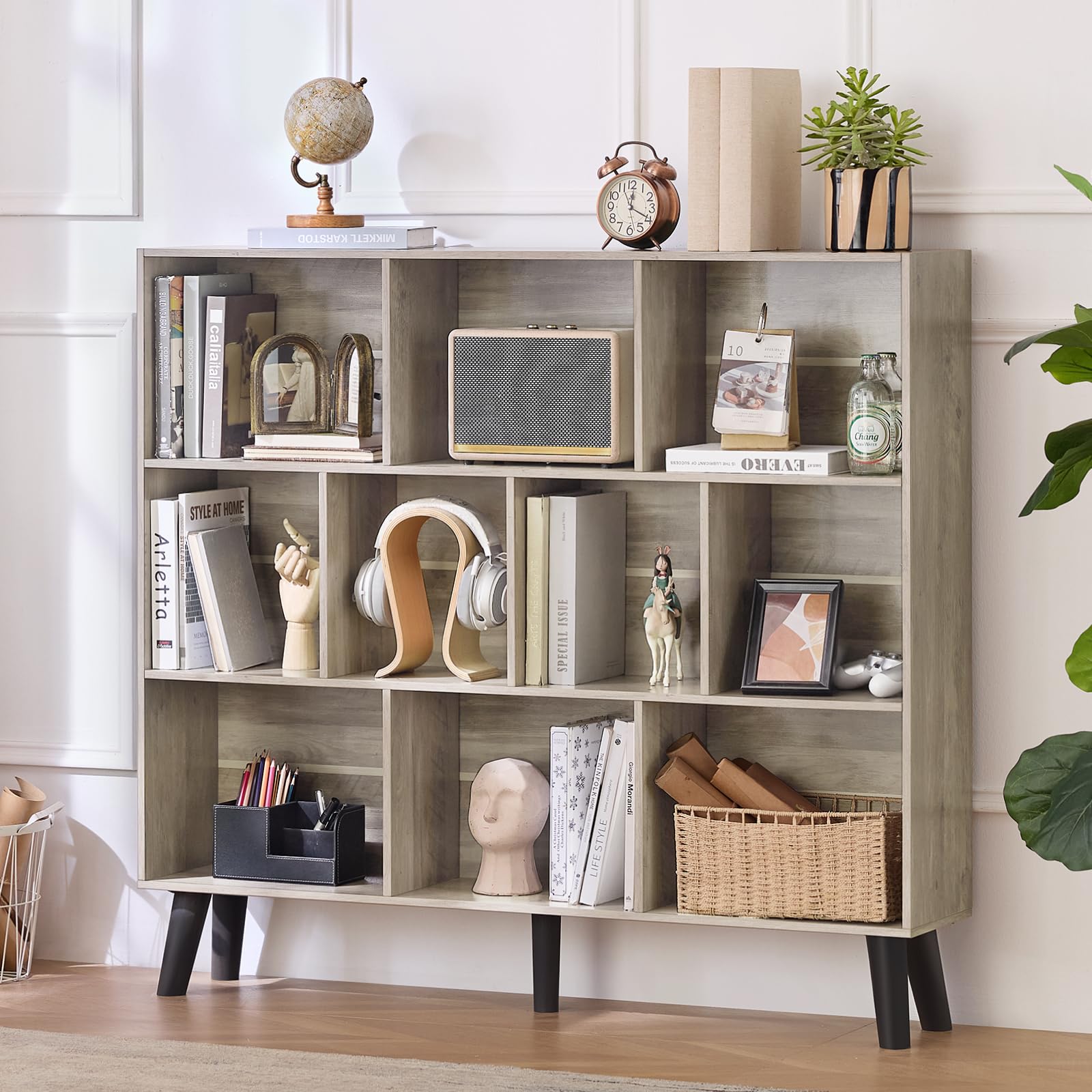 LEYAOYAO Cube Bookshelf, Mid-Century Modern Book Shelf with Legs, Brown
