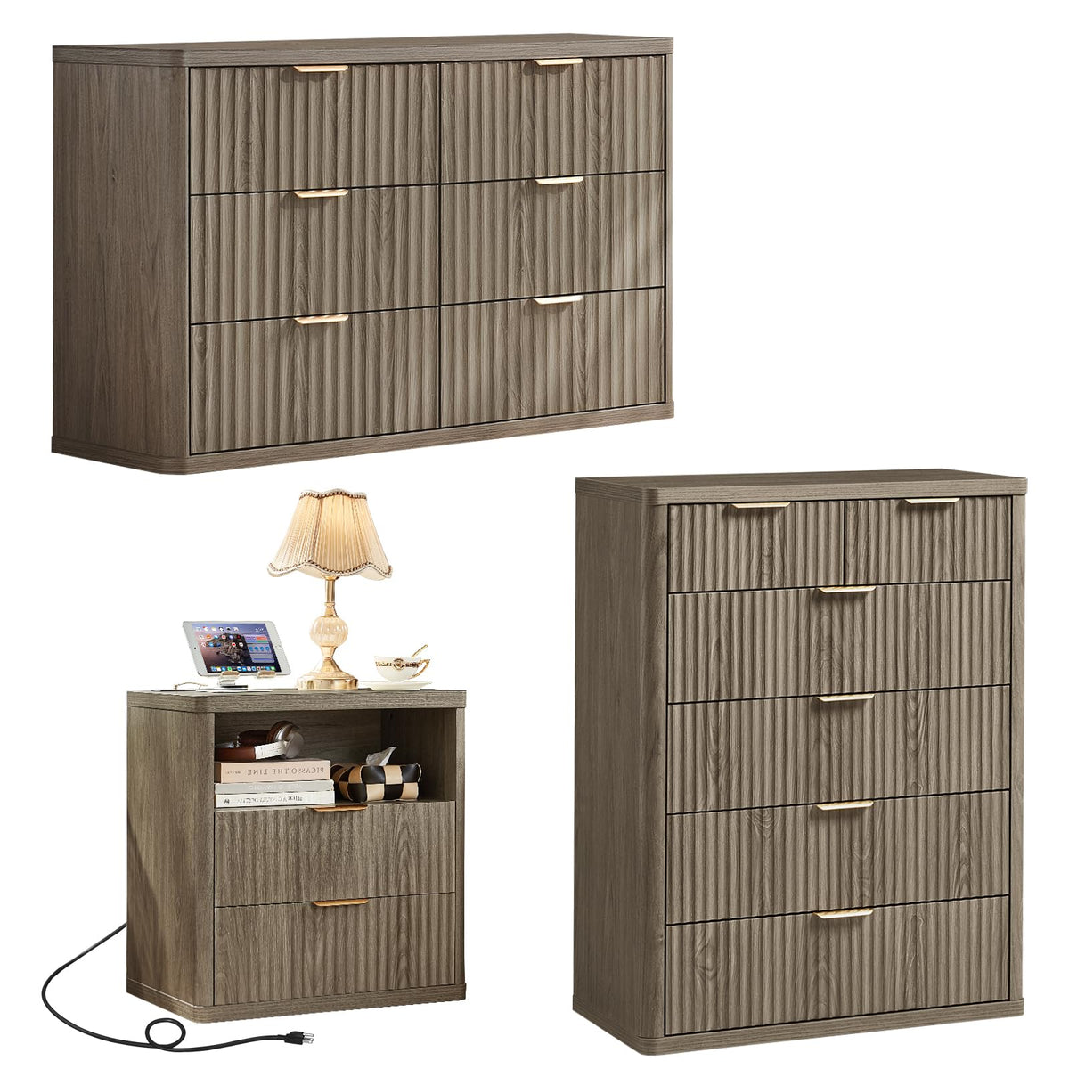 LEYAOYAO Fluted Dressers & Nightstand Set of 4, Wood 48" Wide Dresser & 42" Tall Chest of Drawers,Modern Bedroom Furniture Sets, Black Wooden Nightstand Set of 2 with 2 Drawers & Charging Station