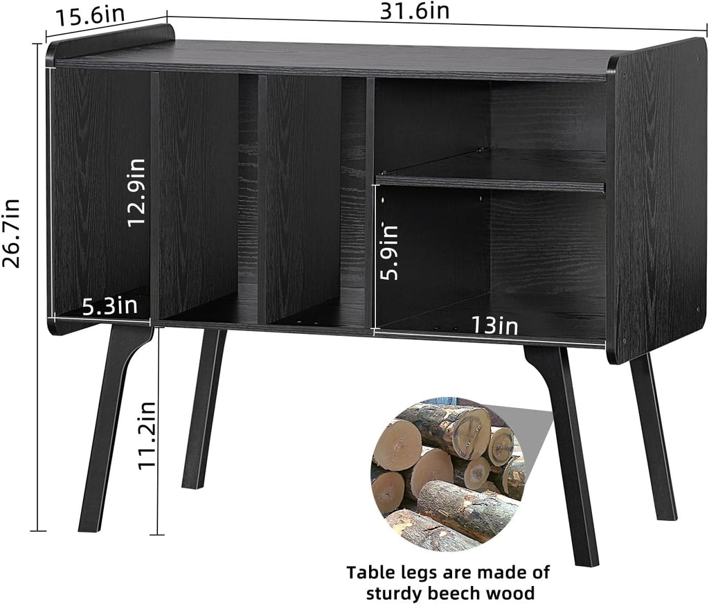 Lerliuo Record Player Stand with 4 Cabinet Holds Up to 220 Albums, Large Black Turntable Stand with Beech Wood Legs, Mid-Century Record Player Table, Vinyl Holder Storage Shelf for Bedroom Living Room