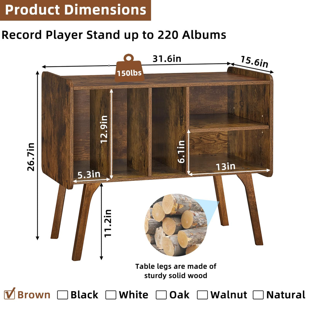 Lerliuo Record Player Stand with 4 Cabinet Holds Up to 220 Albums,Oak