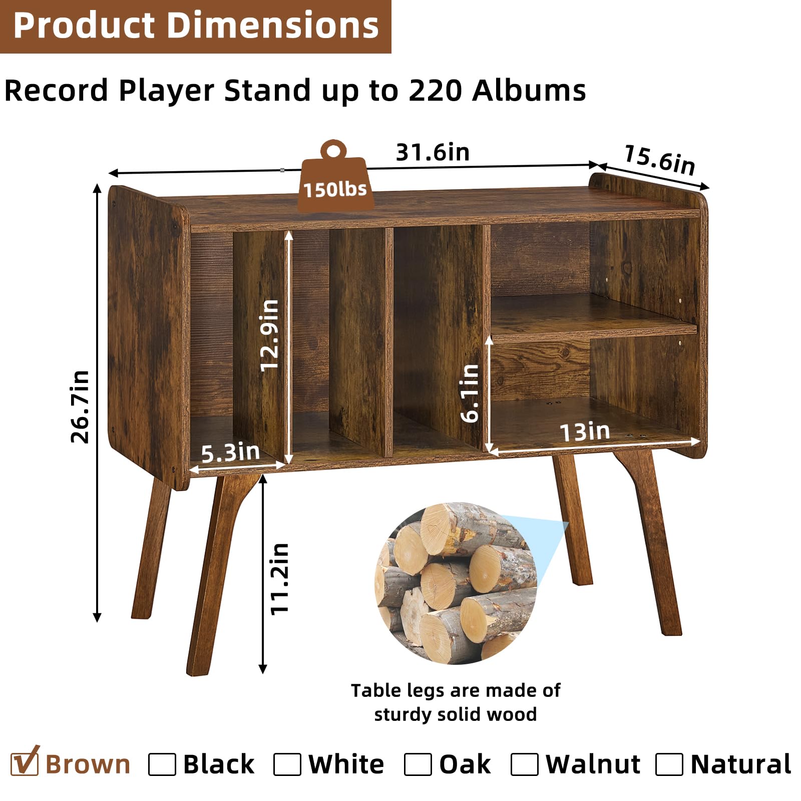 Lerliuo Record Player Stand with 4 Cabinet Holds Up to 220 Albums,Oak