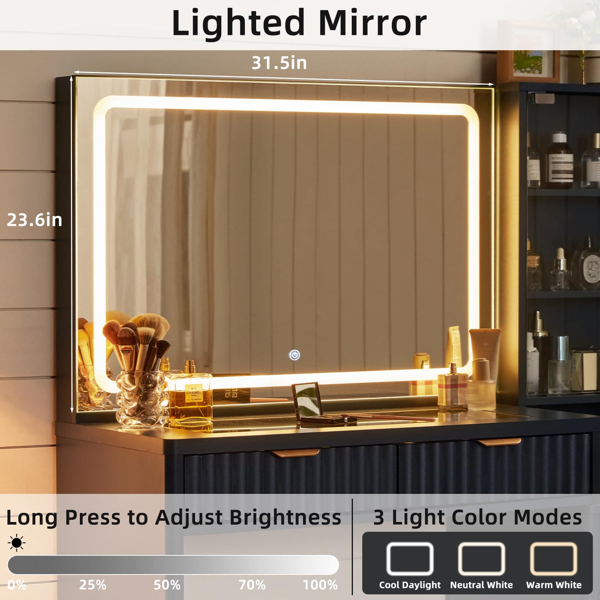 LEYAOYAO Vanity Mirror with Lights and Night Stand Sets, 43.5" Fluted Makeup Vanity with 6 Drawers and Power Outlet, 3 Drawers 23" End Side Table, Natural Wood Makeup Table Bedroom Furniture Set of 2