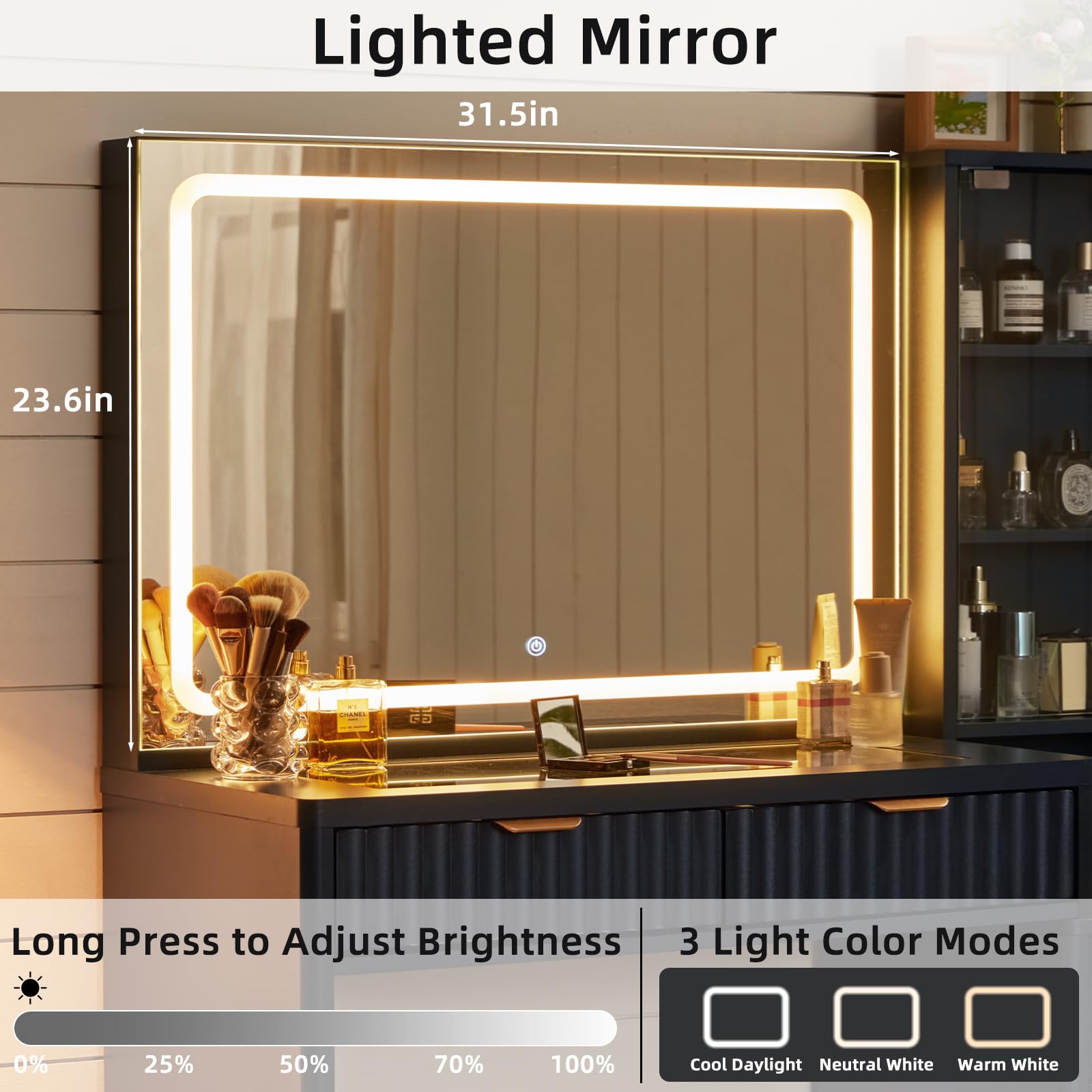 LEYAOYAO Vanity Mirror with Lights and Night Stand Sets, 43.5" Fluted Makeup Vanity with 6 Drawers and Power Outlet, 3 Drawers 23" End Side Table, Natural Wood Makeup Table Bedroom Furniture Set of 2