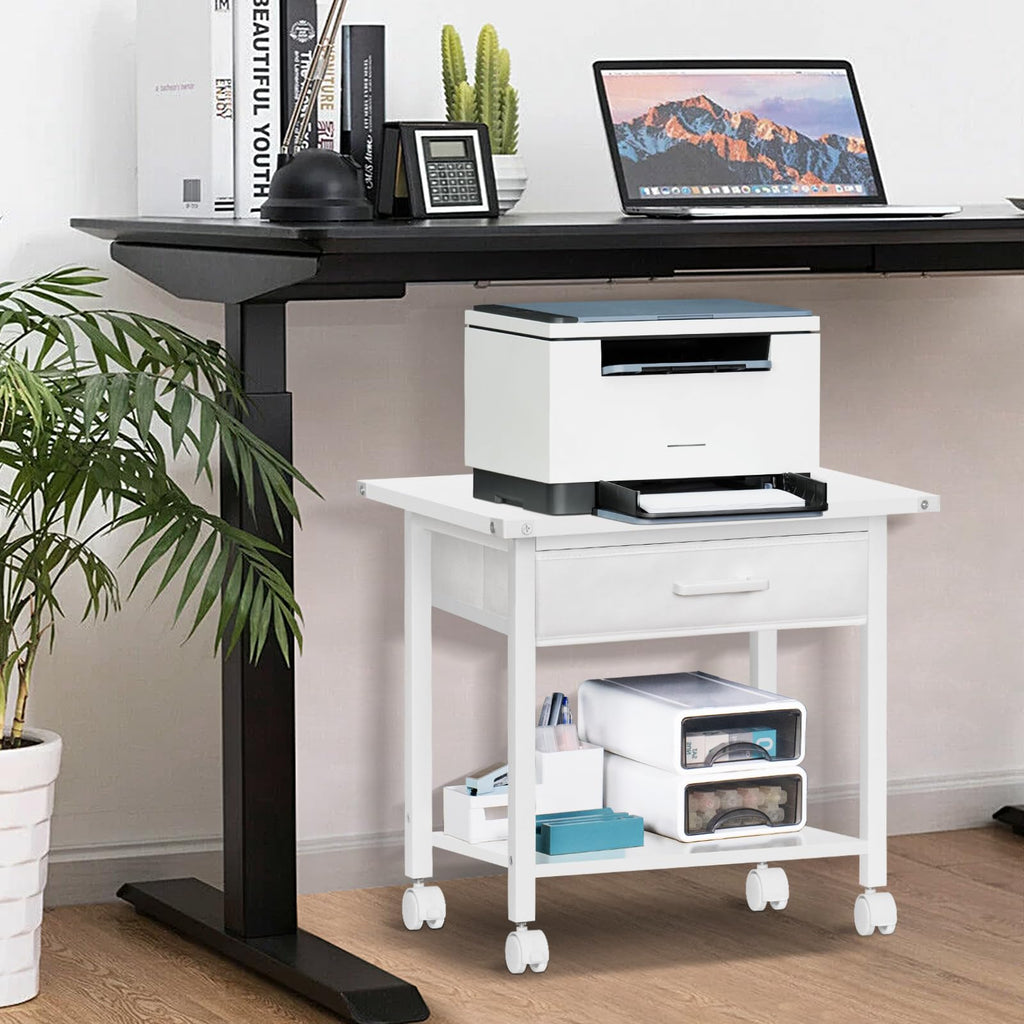 Lerliuo Under Desk Rolling Printer Stand with Drawer, 2-Tier Industrial Mobile Printer Table Desk with Storage Shelf and Steel Frame, Printer Cart Holder with Lockable Wheels for Home, Office (Brown)