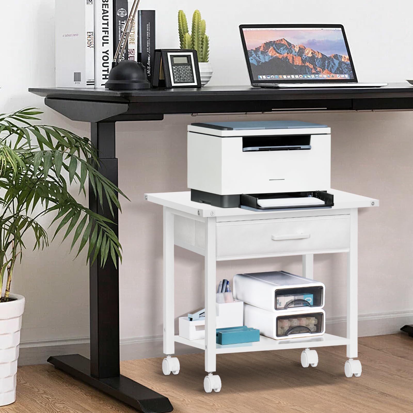 Lerliuo Under Desk Rolling Printer Stand with Drawer, 2-Tier Industrial Mobile Printer Table Desk with Storage Shelf and Steel Frame, Printer Cart Holder with Lockable Wheels for Home, Office (Brown)
