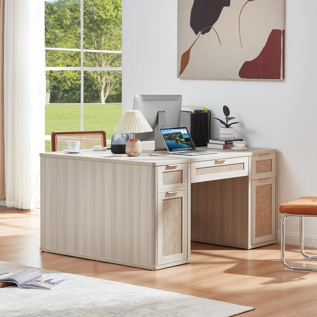LEYAOYAO Office Desk 56" with 5 Drawers Storage File Cabinet, Natural