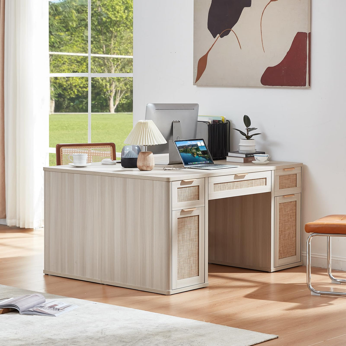 LEYAOYAO Office Desk 56" with 5 Drawers Storage File Cabinet, Natural