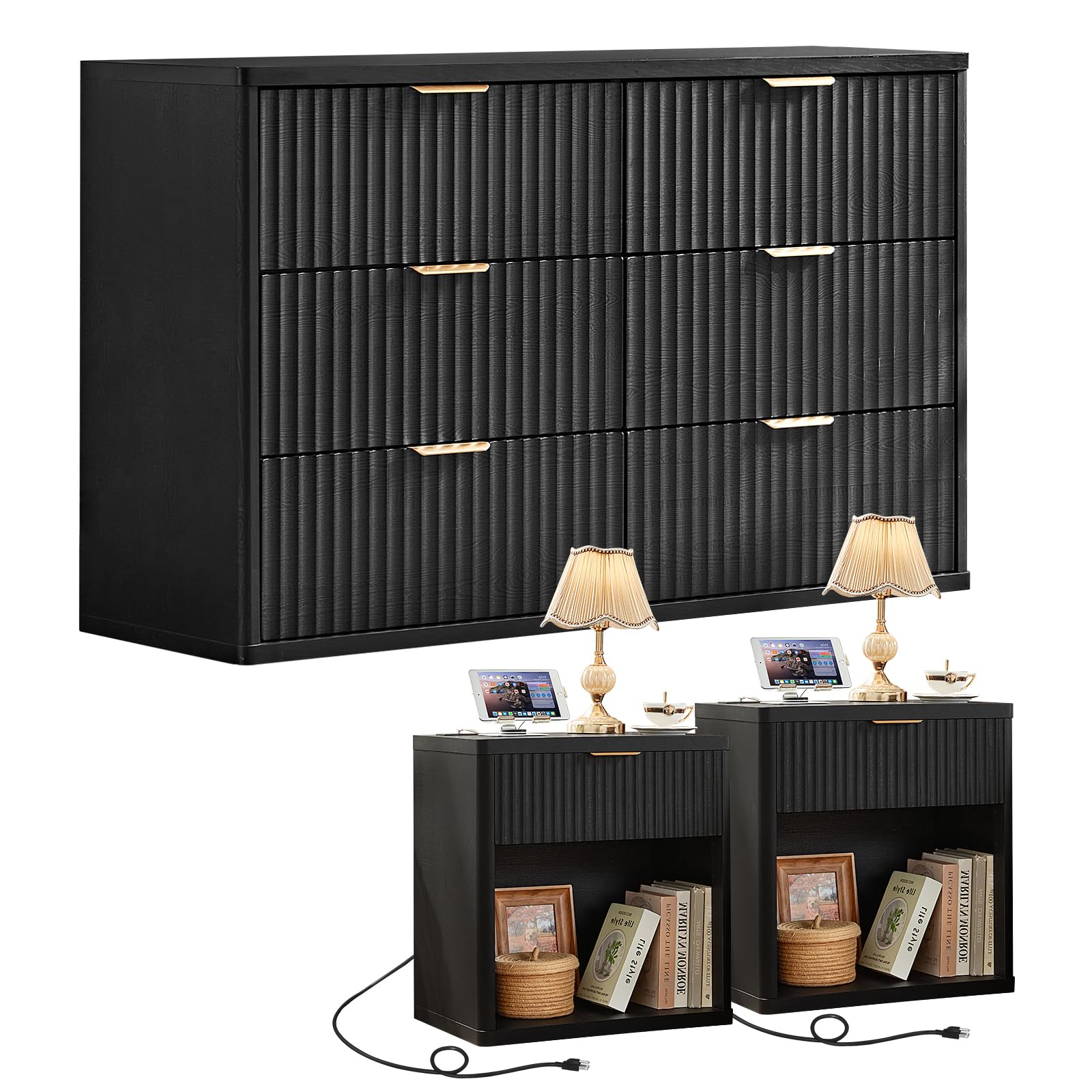 LEYAOYAO 48" Wide Fluted Dresser and 1 Drawers 23" Nightstand Set of 2, Wooden Dresser & Night Stand with Charging Station, 3 Piece Bedroom Furniture Set, Chest of Drawer for Living Room,Antique White
