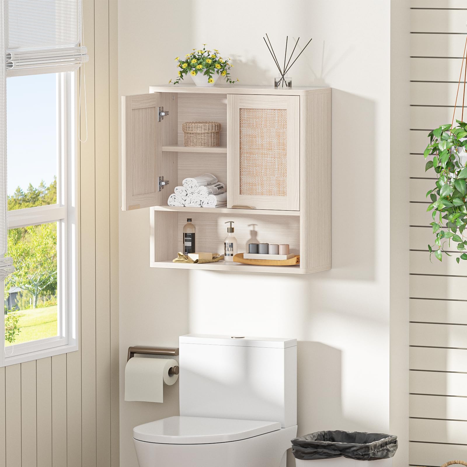 LEYAOYAO 68" Boho Over the Toilet Storage Cabinet with Rattan Sliding Door