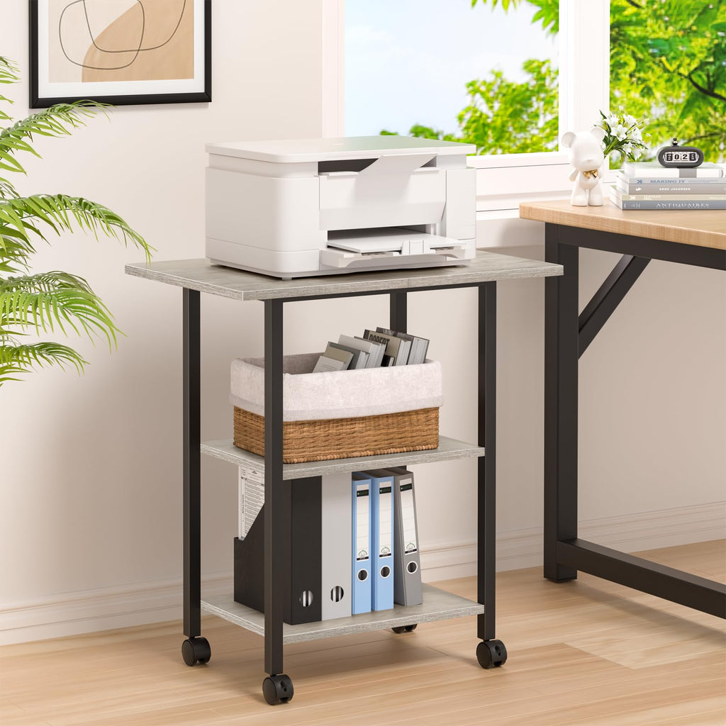 Lerliuo 3-Tier Printer Stand, Industrial Mobile Printer Table with Storage Shelf and Steel Frame, Rolling Printer Cart Holder with Lockable Wheels for Home, Office (White)