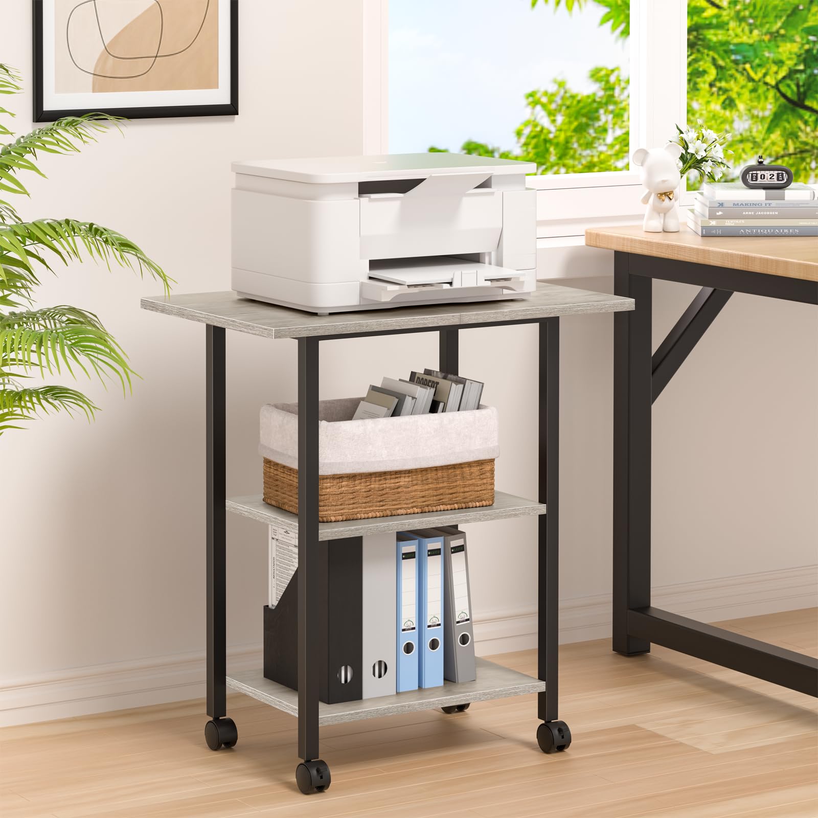 Lerliuo 3-Tier Printer Stand, Industrial Mobile Printer Table with Storage Shelf and Steel Frame, Rolling Printer Cart Holder with Lockable Wheels for Home, Office (White)